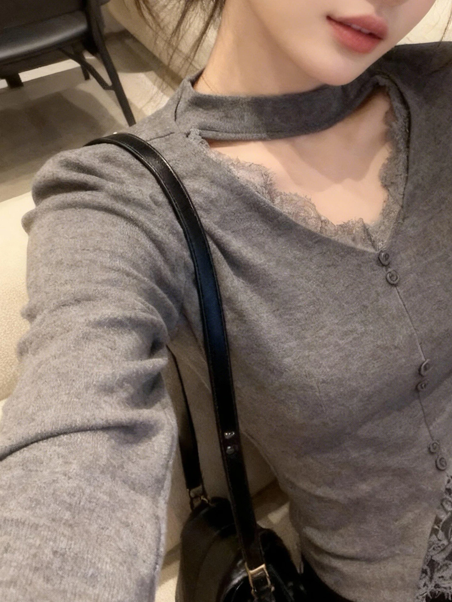 Coréen Sle ey dentelle Ne v-ne Long Sve femmes T-shirt tricoté coupe ajustée ort Design automne hiver haut Faionable