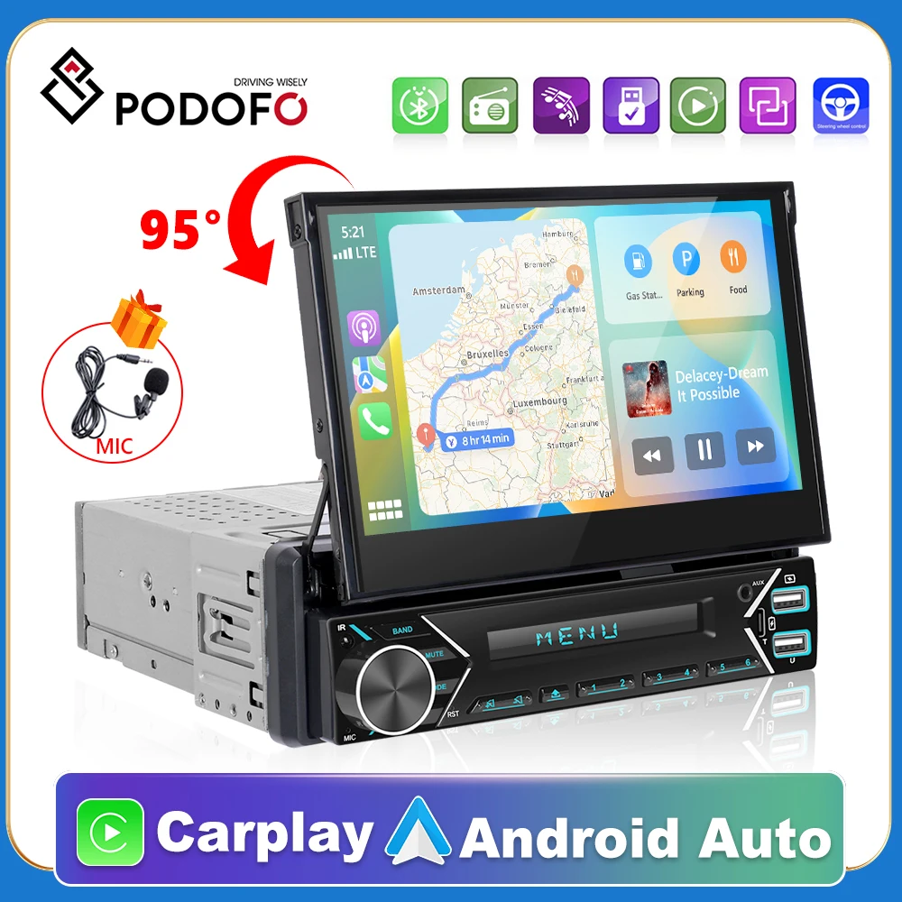 

Podofo 1din CarPlay Android Auto Car Radio Universally 7inch Retractable Multimedia Video Player FM Stereo Head Unit Autoradio