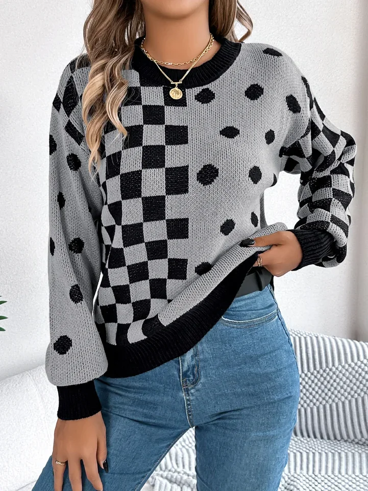 Lantern Sleeve Crewneck Knit Sweater for Women's Autumn and Winter Casual Loose Spell Color Polka Dot Check Pullover Sweater,
