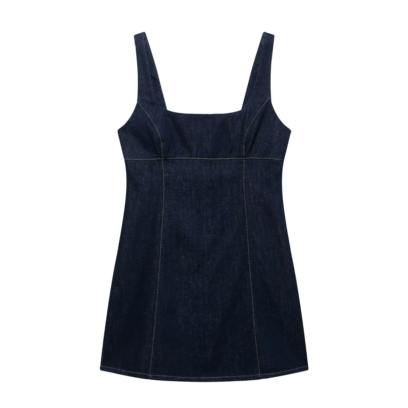 

HH Women's Fashion Slim Indigo Blue Square Neck Wide Shoulder Strap Mini Denim Dress Female Elegant Simple Sleeveless Dress
