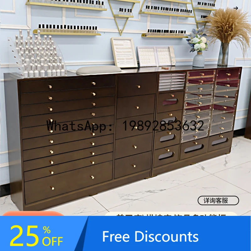 LYY Retro Solid Wood Nail Salon Display Cabinet Vintage Style Nail Polish Gel Floor-standing Nail  Color Board Storage Cabinet