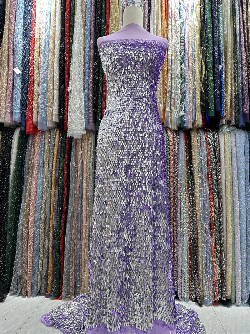 

African Lace Fabric 5 Yards High Quality Nigerian Lace Fabrics with Sequins for Sew Women Dress RJW-1235