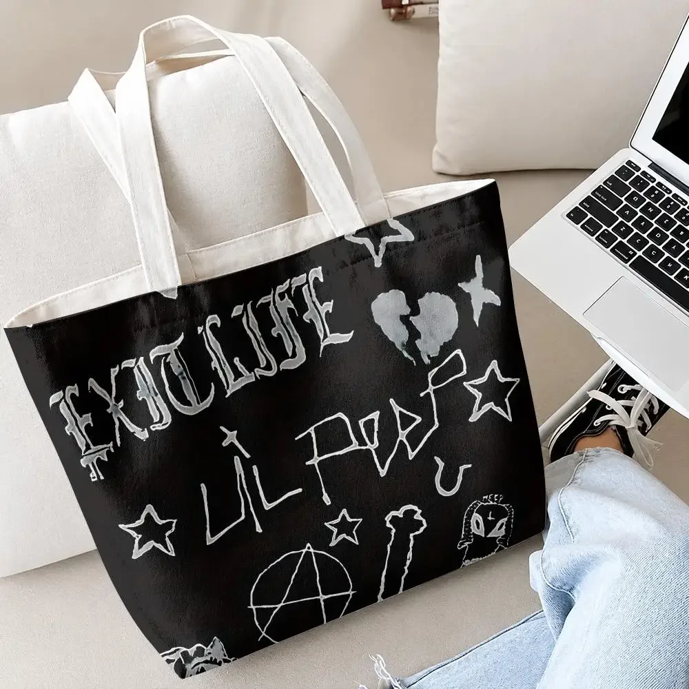 Dark Lil P-Peep Hell Boy Storage Bags 2-Piece Set Double-Sided Printed Canvas Shoulder Tote Bags with Zipper for Shopping
