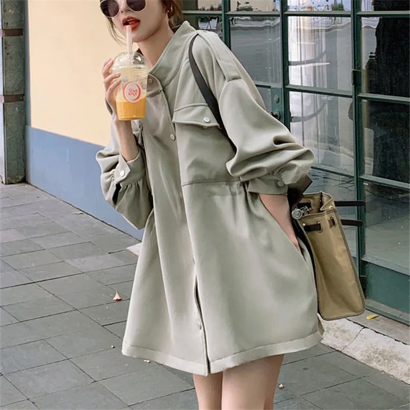 

Windbreaker Women's Spring Autumn Pop Solid Color Stand-up Collar Drawstring Single-breasted Coat Loose Top Female Clothing 650