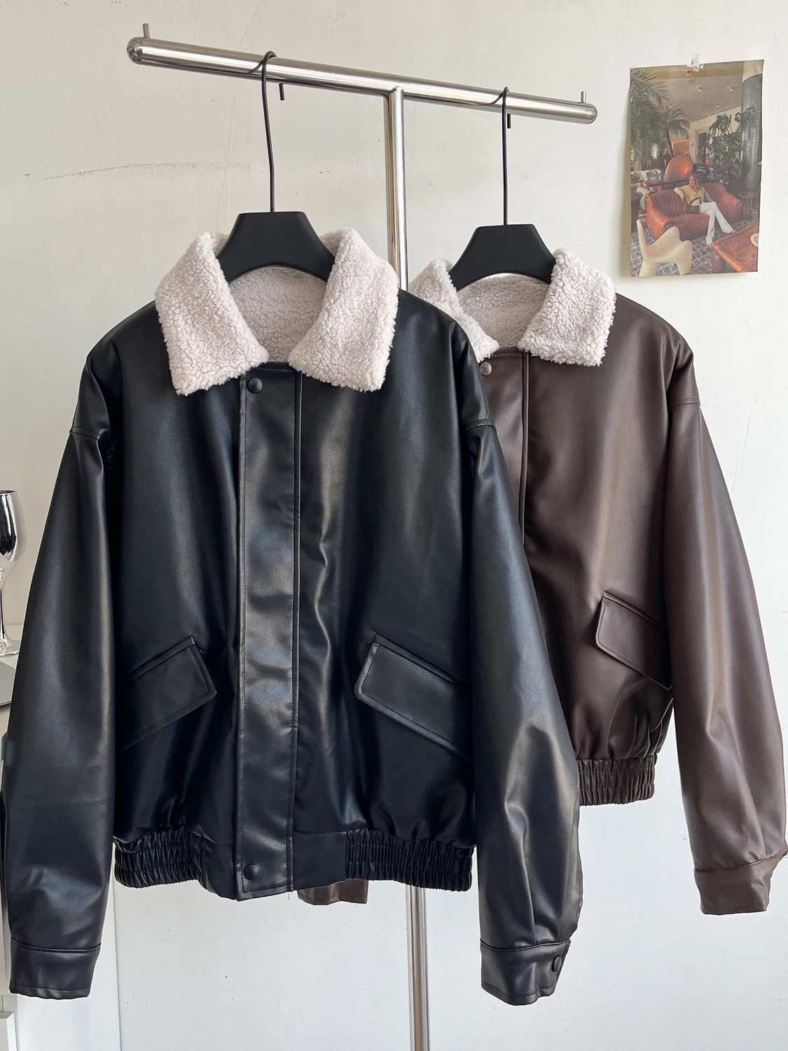 

Women's Fur And Leather One-Piece Jaet Loose Long Sve Turn-down Collar Winter Coat Faionable Korean Sle Top