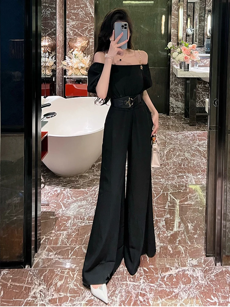 

Ele Bla Drapey One-Piece Summer 2026 Commute oulder-Baring Wide Leg Suiting Women's High Waist Long Pants