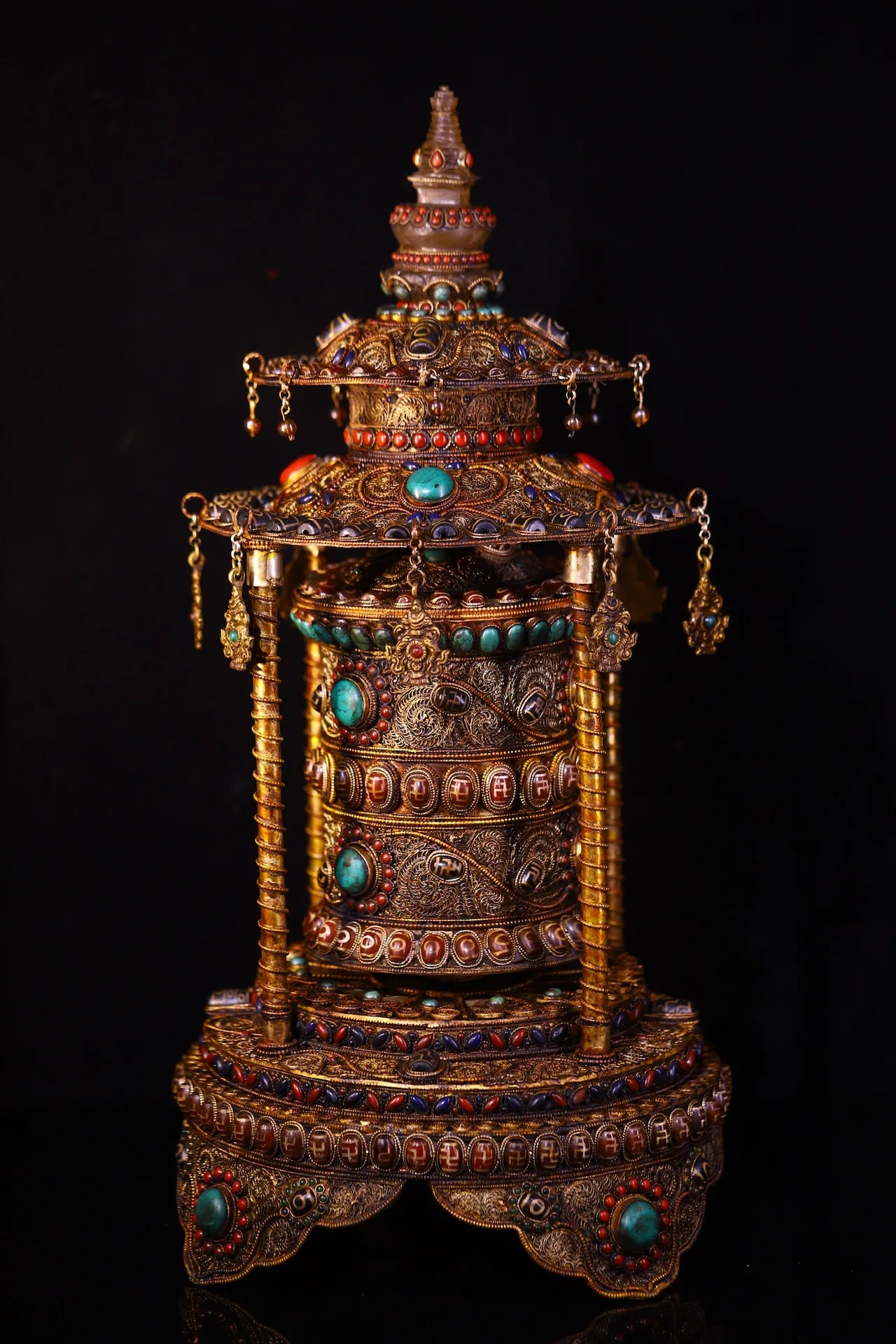 

21"Tibetan Temple Collection Old Tibetan Silver Gilded Mosaic Gem gZi Beads Turquoise Prayer Wheel Old Scriptures Worship Hall