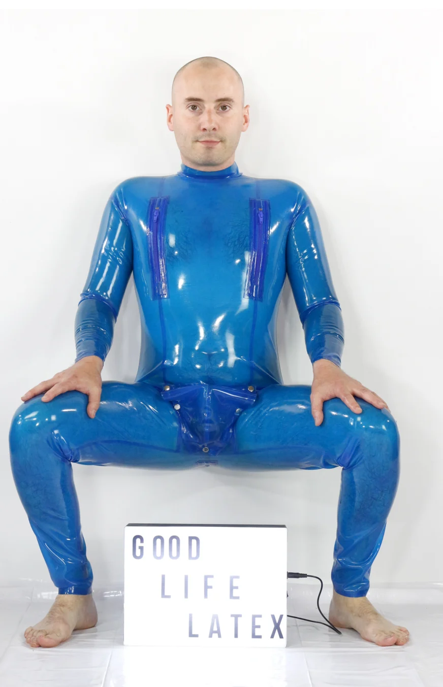 Men's handmade natural latex catsuit chest zip front hole with cod-piece back crotch zip and back waist zipper custom made