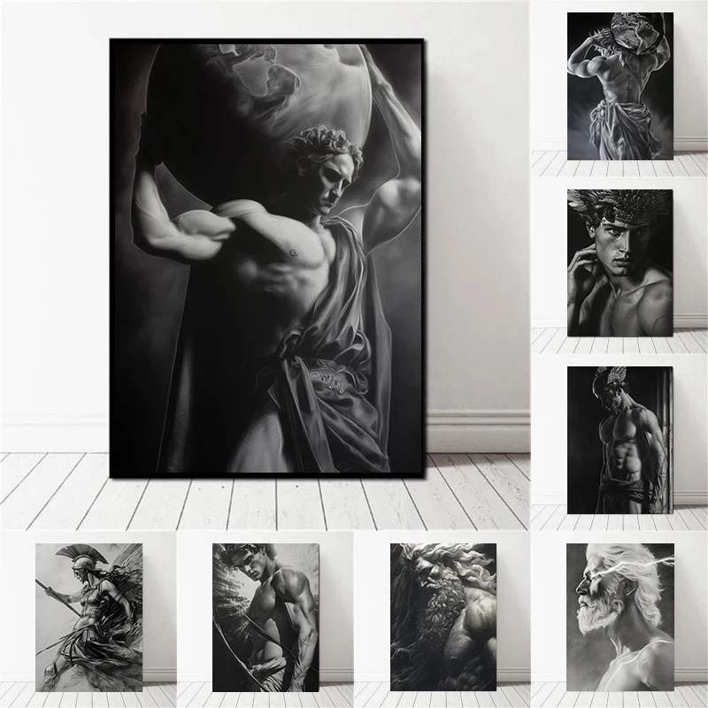 Atlas, griechische Mythologie, Schwarz-Weiß-Statue, Kunstposter, Leinwanddruck, Bar, Zuhause, Wohnzimmer, Wanddekoration, Gemälde, rahmenlos