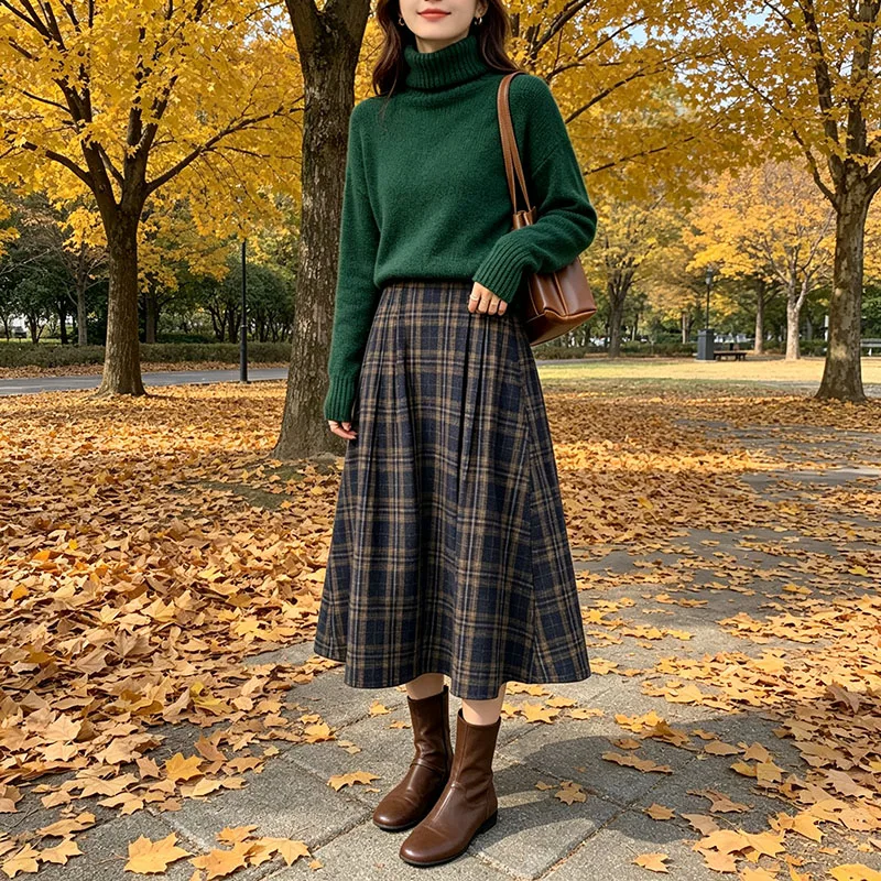 Women Vintage Plaid Wool Midi Skirts High Waist A-Line Pleated Tartan Skirts Fall Winter Casual Office Wear Preppy Style Clothes