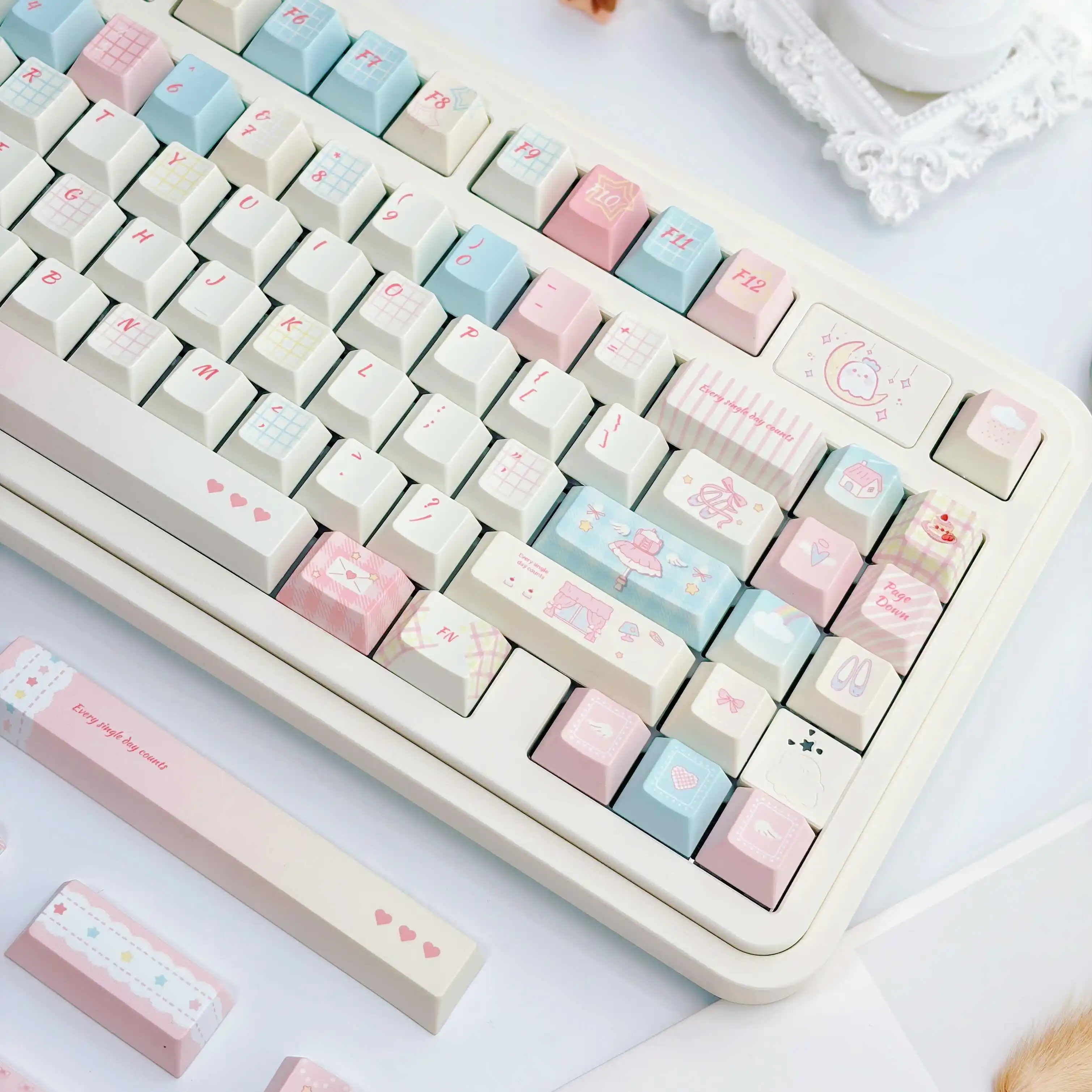 Fresh Blue-Pink Theme Keycaps Cherry Profile PBT Sublimation Keycap for MX switch 96 98 104 108 Keys Layout Mechanical Keyboard