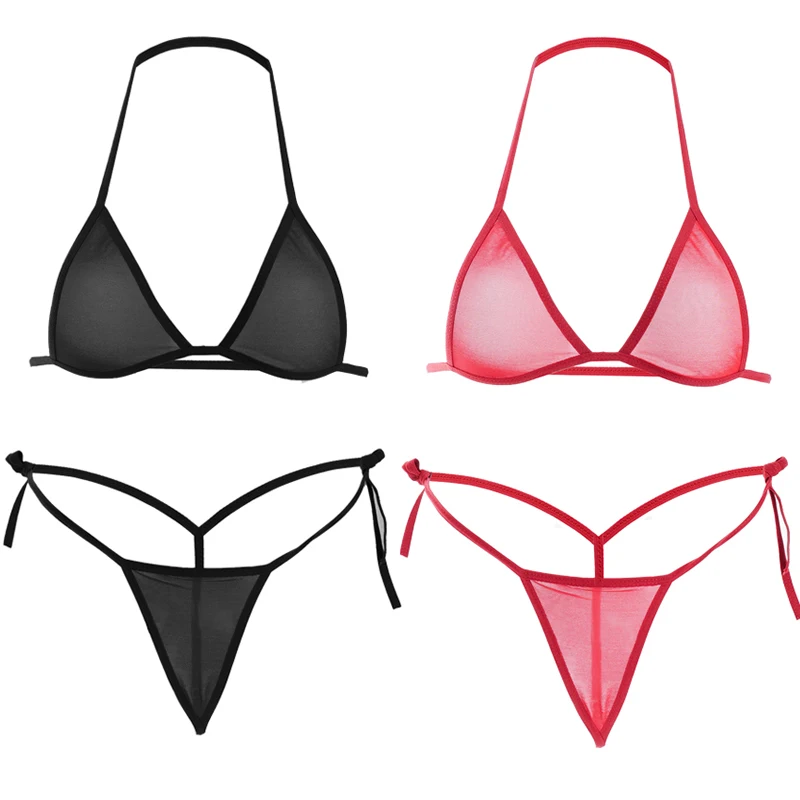 2PCS Women's Sexy See-Through Mesh Lingerie Set Halter Triangle Bra Side Tie Thong Ultra-Thin Breathable Intimate Underwear Suit