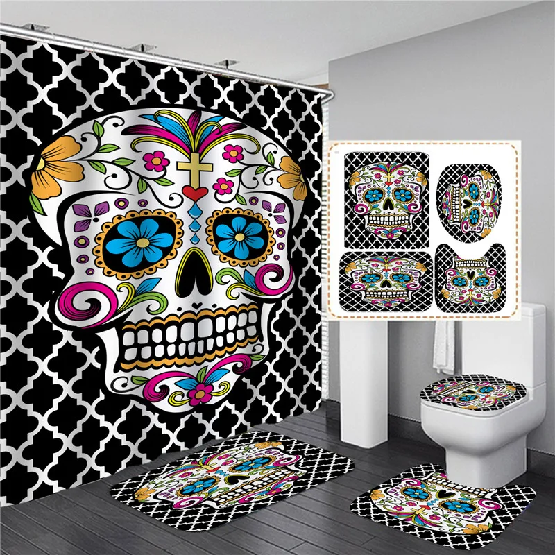 Black Skull Skeleton Printed Shower Curtain Set Horrible Halloween Festival Bathroom Curtain Sets Decor Pedestal Rug Lid Carpet