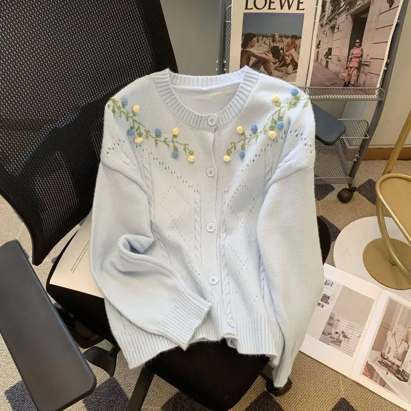 

Women Autumn Winter Casual Fashion Button Jacquard Solid Color O-neck Knitting Women Clothes Lively Cute Loose Cardigan Top Tee