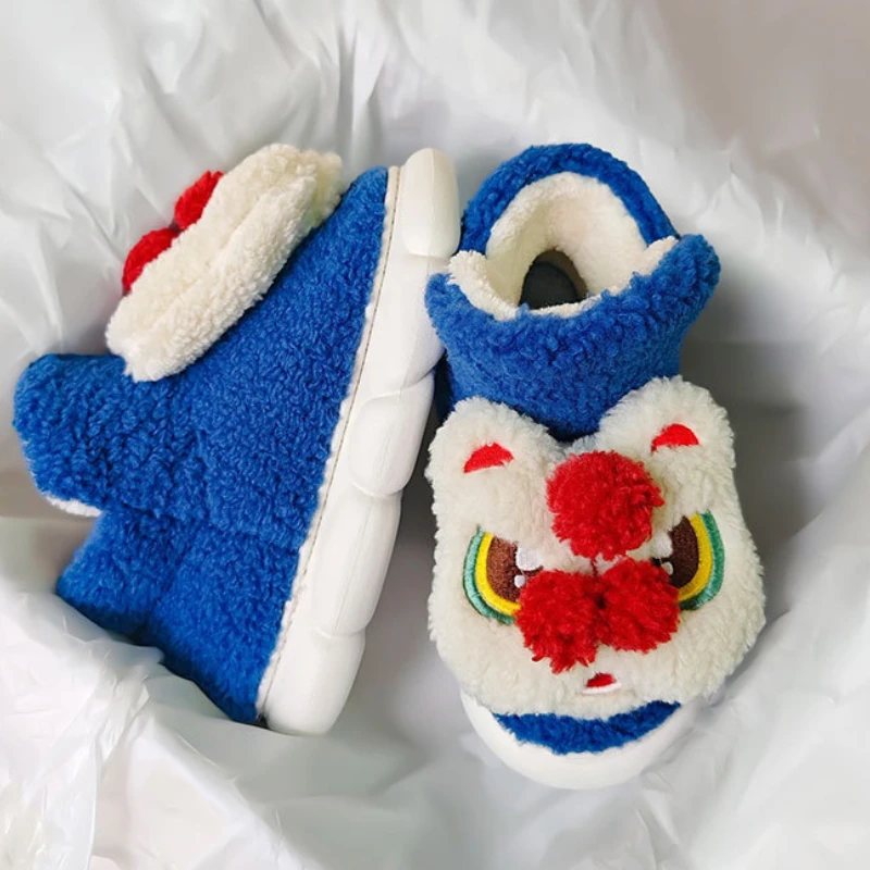 Men High-top Lion Cotton Slippers Winter Home Indoor Warm Non-slip Round Head Flats Couple Soft Bottom Comfortable Cotton Shoes