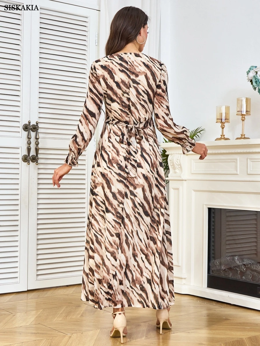 Siskakia Dubai Stampa leopardata Manica in bundle Abaya Elegante abito decorato con strass Abiti marocchini da donna