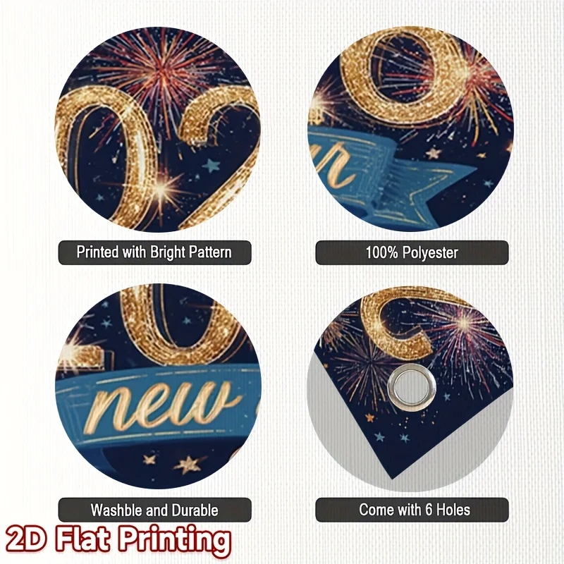 علم باب ثنائي الأبعاد خطة ثنائية الأبعاد، 1 2026 علم حفلة رأس السنة الجديدة - الألعاب النارية للمهرجانات وتصميم الحروف الذهبية