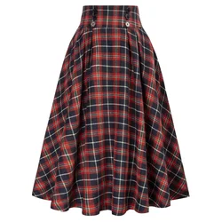 Belle Poque Frauen Plaid Rock Elastische Hohe Taille Tasten Dekoriert A-Line Röcke Knie Länge Plissee Midi Rock Mit Taschen A30