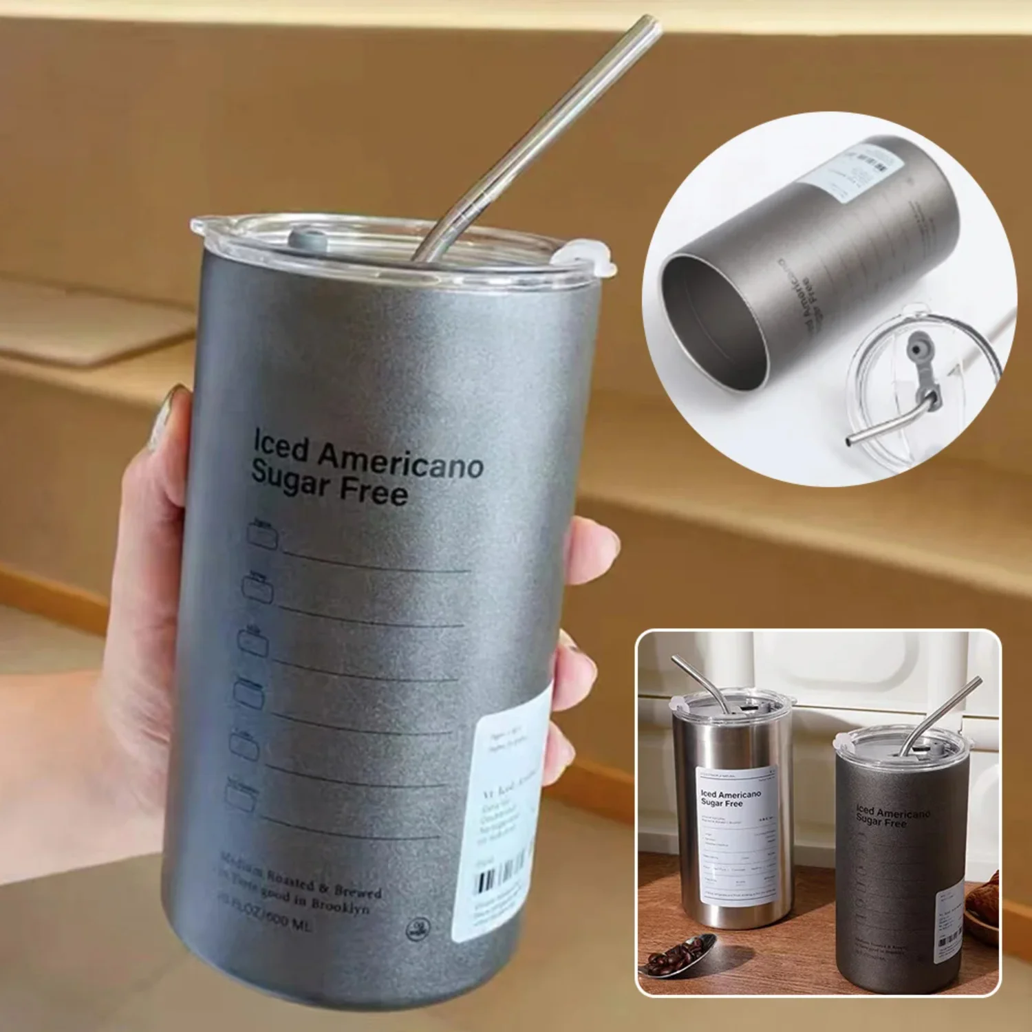 Coffee Cup Thermos Stainless Steel Water Bottle with Straw /600ml Ice American Coffee Mug Vacuum Flask Double-layer Straw Cup