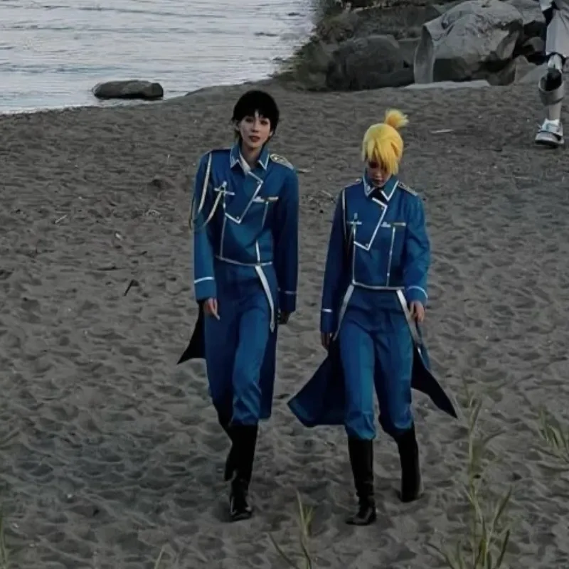 Roy Mustang Cosplay Anime Fullmetal Alchemist Kostium Mundurek Peruka Niebieski Wojenny Płaszcz Wojskowy dla Mężczyzn Strój na Halloween Karnawał