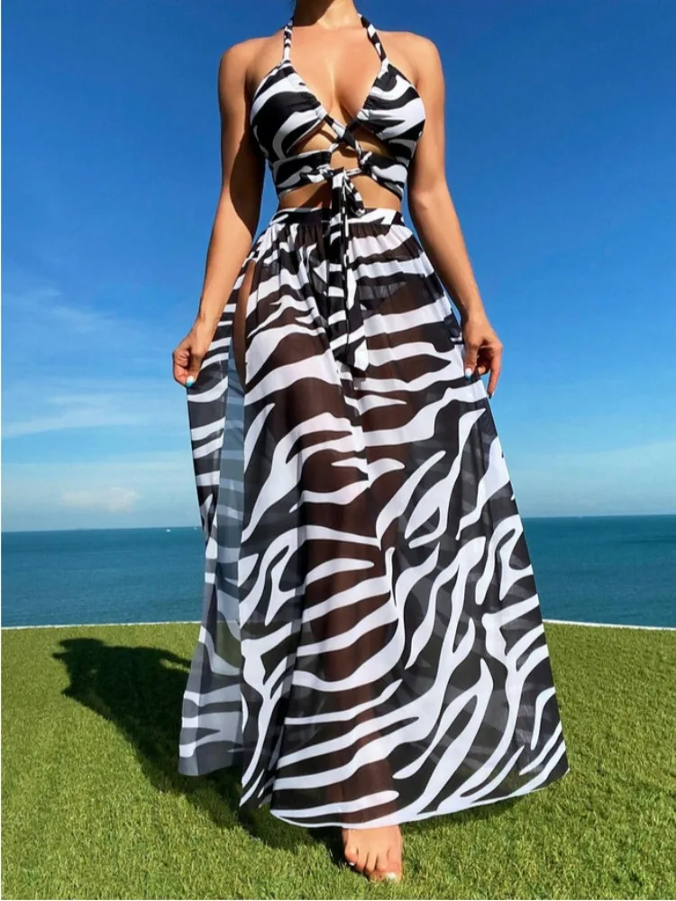 

2024 New 3 Pieces Set Cross Wrap Zebra Print Bikini Women Swimsuit&dress Cover Up Swimwear Sexy Thong Beachwear Bathing Suit