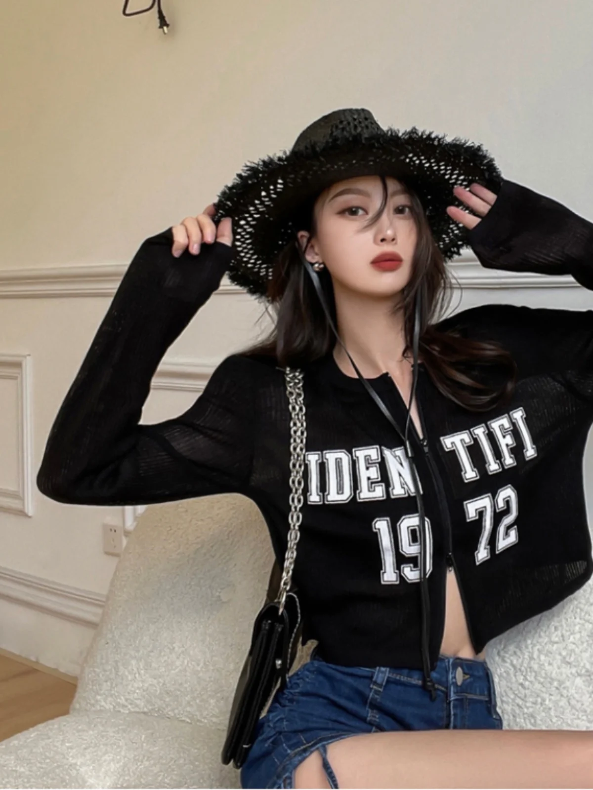 American Hot Girl Style Thin Sun Protection Air Conditioning Shirt Summer Letter Print Double Zipper Long Sleeve Short Cardig...