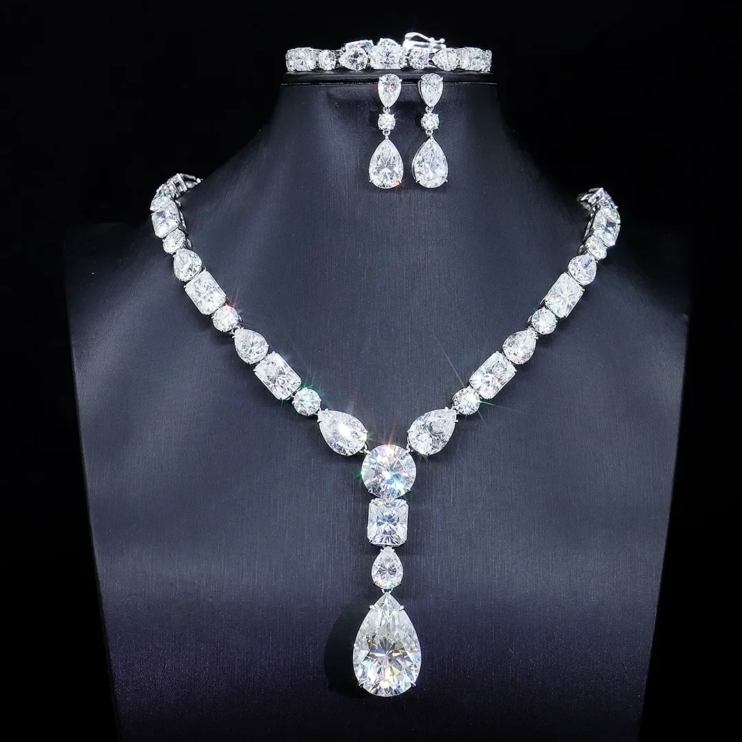 Bridal Luxury Jewelry Set 925 Sterling Silver 14k Gold Plated VVS Moissanite Drop Necklace Customize For Women