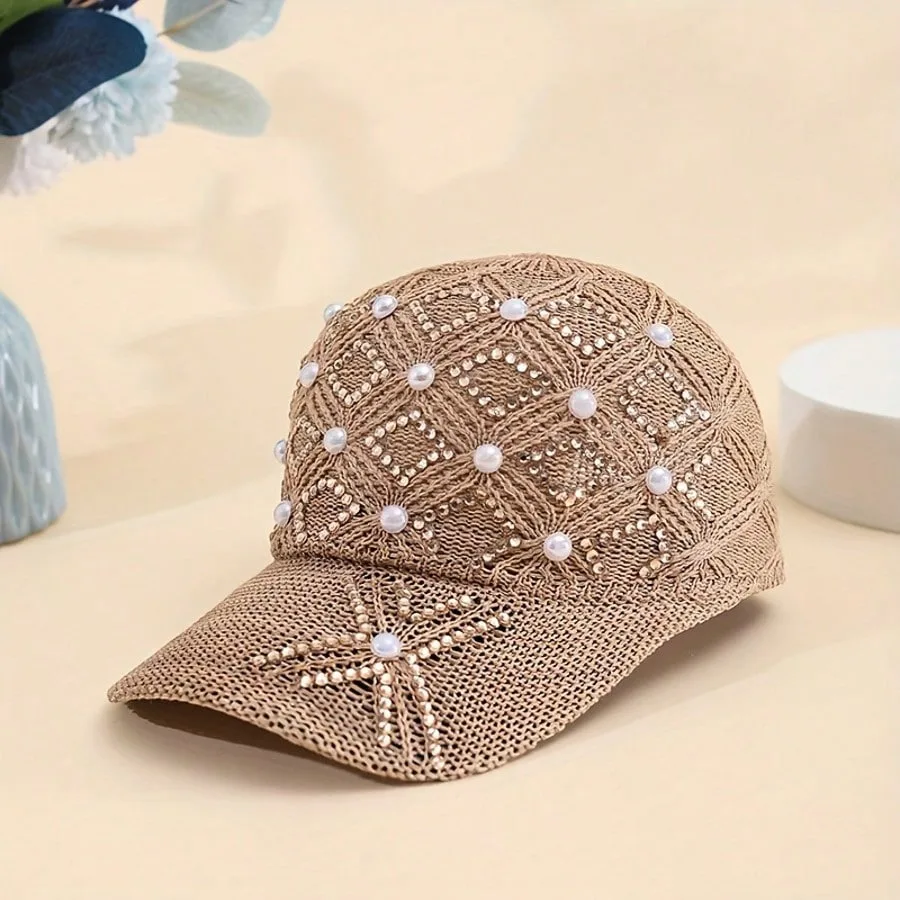 Adjustable Stylish Four-leaf Clover Pearl Embellished Women's Breathable Mesh Baseball Cap/sun Protection Hat for Spring Summer.