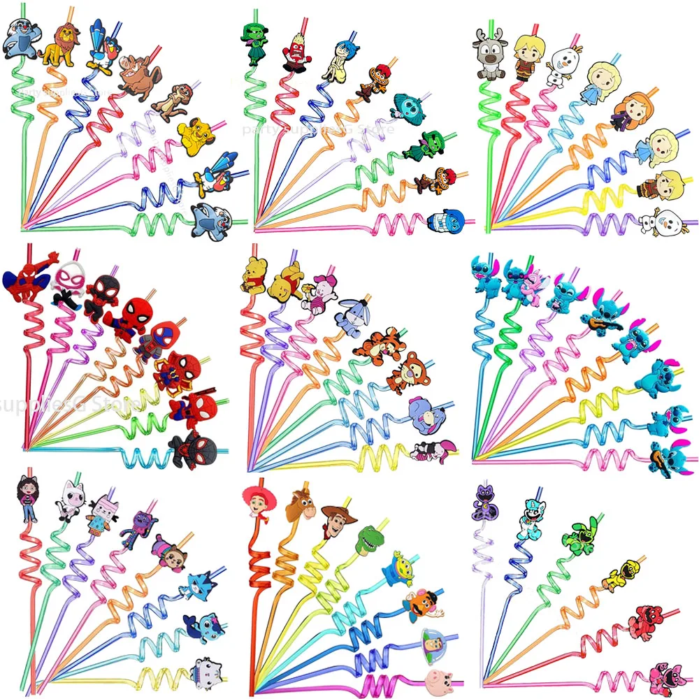 Stitch Reusable Drinking Straws Birthday Party Supplies Lion King Smiling animals Mickey MouseToy Story Spiderman Kids Straws