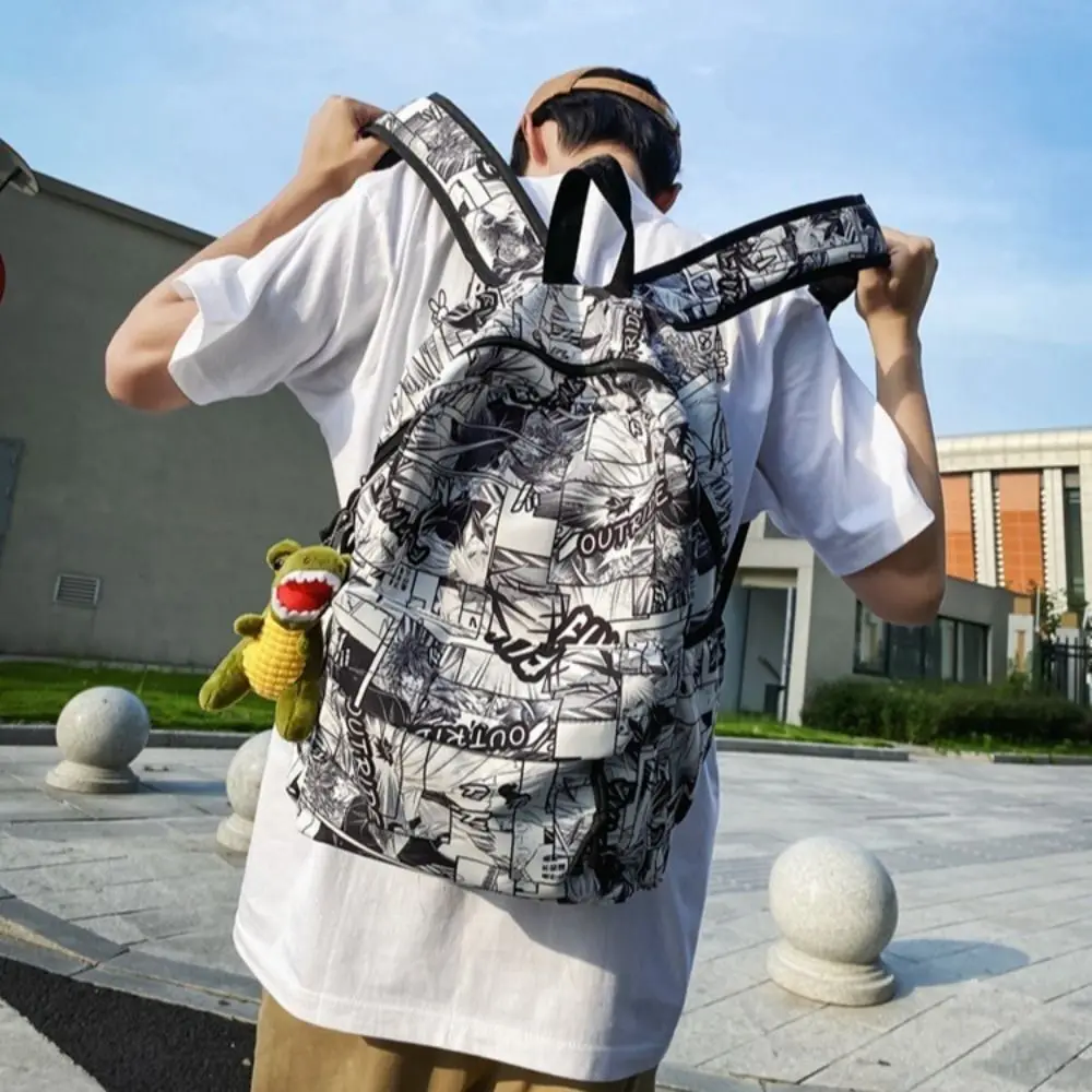 Nylon Graffiti School Bag Black Laptop Backpack Large Capacity Backpack Tyrannosaurus Pendant Lightweight Cartoon Print Bag