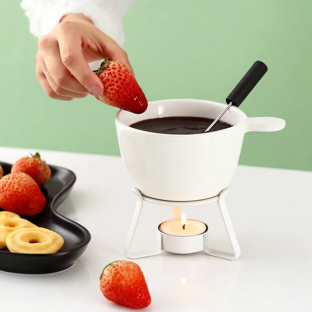Juego de Fondue de Chocolate de Cerámica con Base para Vela - 1 Taza, 2 Tenedores, Ideal para Queso, Chocolate, Fruta y Tapas
