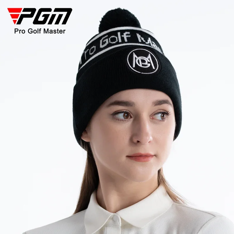 Pgm New Winter Knitting Golf Hat for Women Fur Pompom Plush Cap Ladies Warm Ski Snow Golf Hat Letter Printed Fashion Headcover