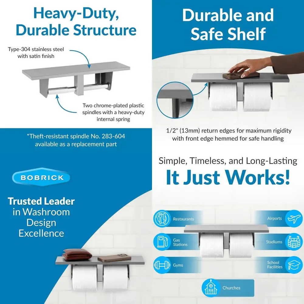 

Surface-Mounted Dual Roll Toilet Paper Holder, Satin Stainless Steel, Utility Shelf, Commercial Bathroom Use (Model B-2840)