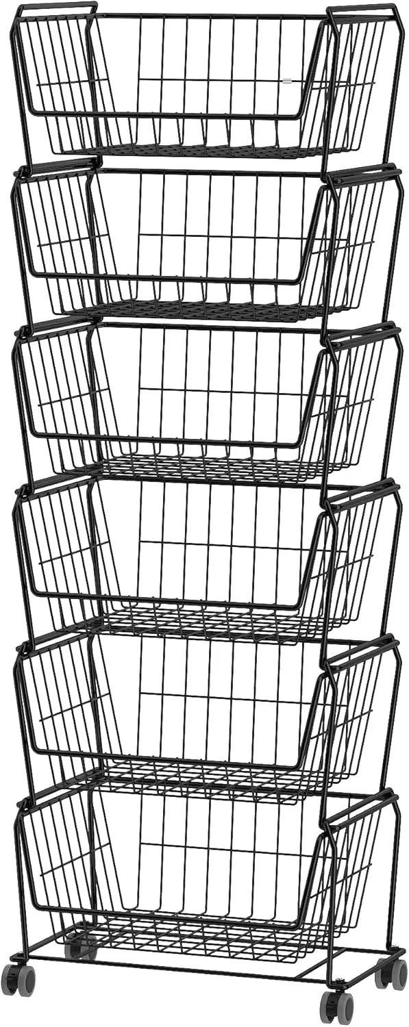 Stackable Metal Storage Carts Dual Use Shelf for Kitchen Fruit Vegetable Baskets with Wheels Storage Rack for Living Room