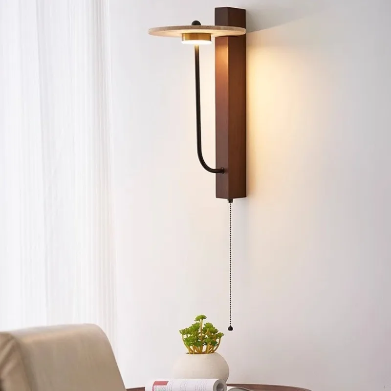 Wabi Sabi Yellow Travertine Wall Lamps with Pull Chain Natural Stone Wooden LED Sconces Bedroom Bedside Livingroom Hotal Light