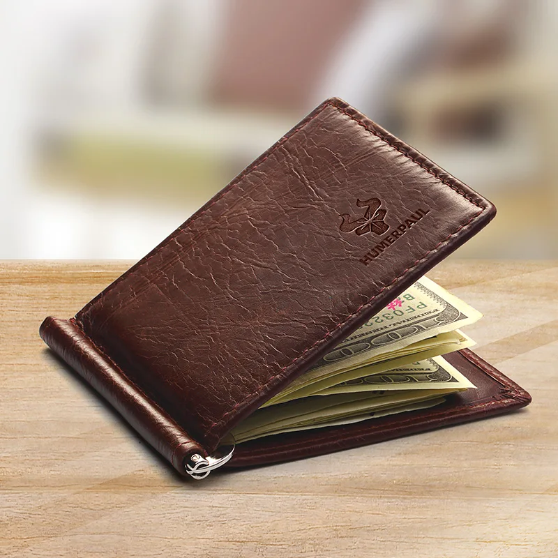 Ultracienki męski portfel z klipsem na pieniądze Vintage prawdziwej skóry Bifold etui na karty torebka Mini wysokiej jakości męska portmonetka Cartera