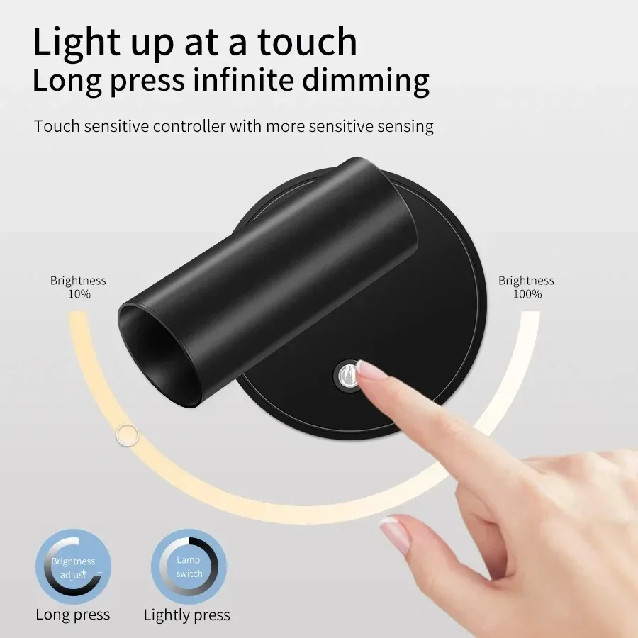 Mini LED Wall Light Magnetic USB Rechargeable Spotlight Wireless No Punch Reading Light With Touch Switch Dimmable Bedside Lamp