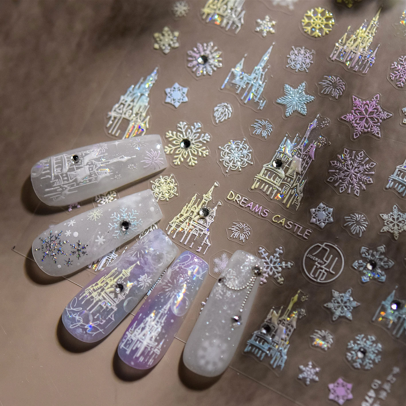 Snow World Dream Castle Fireworks Star Romantic Winter Colorful Adhesive Nail Art Stickers Snowflake Rhinestone Manicure Decals