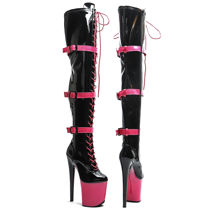 Leecabe  20CM/8inches Patent PU  Upper  black-hot pink  young trend fashion  High Heel   platform stripper heel Pole Dance boot