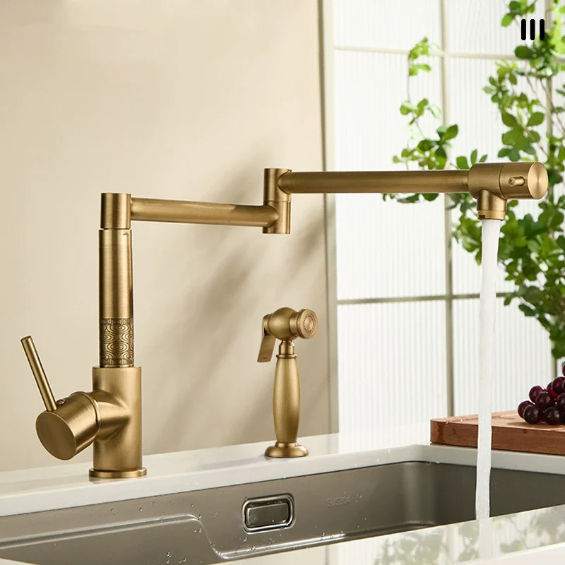 Brass Pot Filler Tap Deck Mounted Foldable Antique Kitchen Faucet Hot and Cold Sink Tap Rotate Folding Spout Sink Faucet