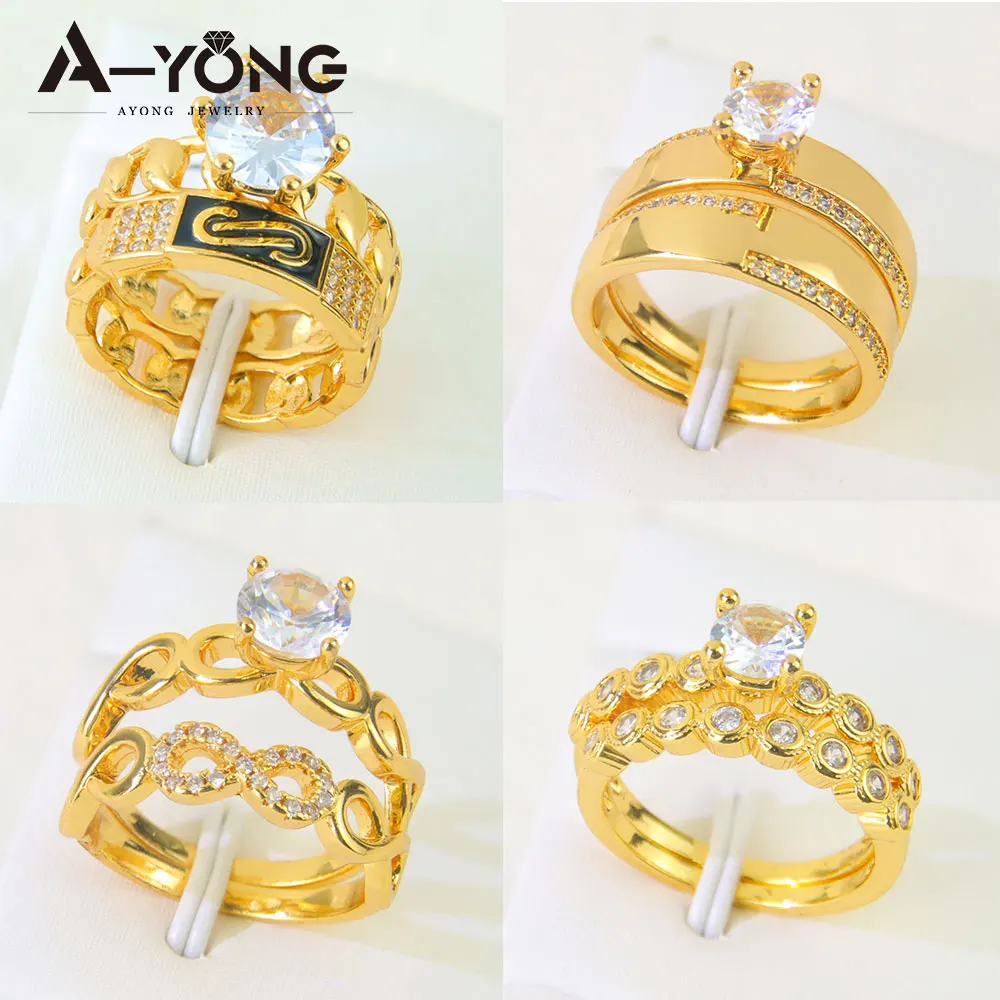 

Arabic Fashion Zirconia Couples Rings 21k Gold Plated Nigeria Bridal Wedding Ring Set Dubai Women Retro Prom Party Jewelry