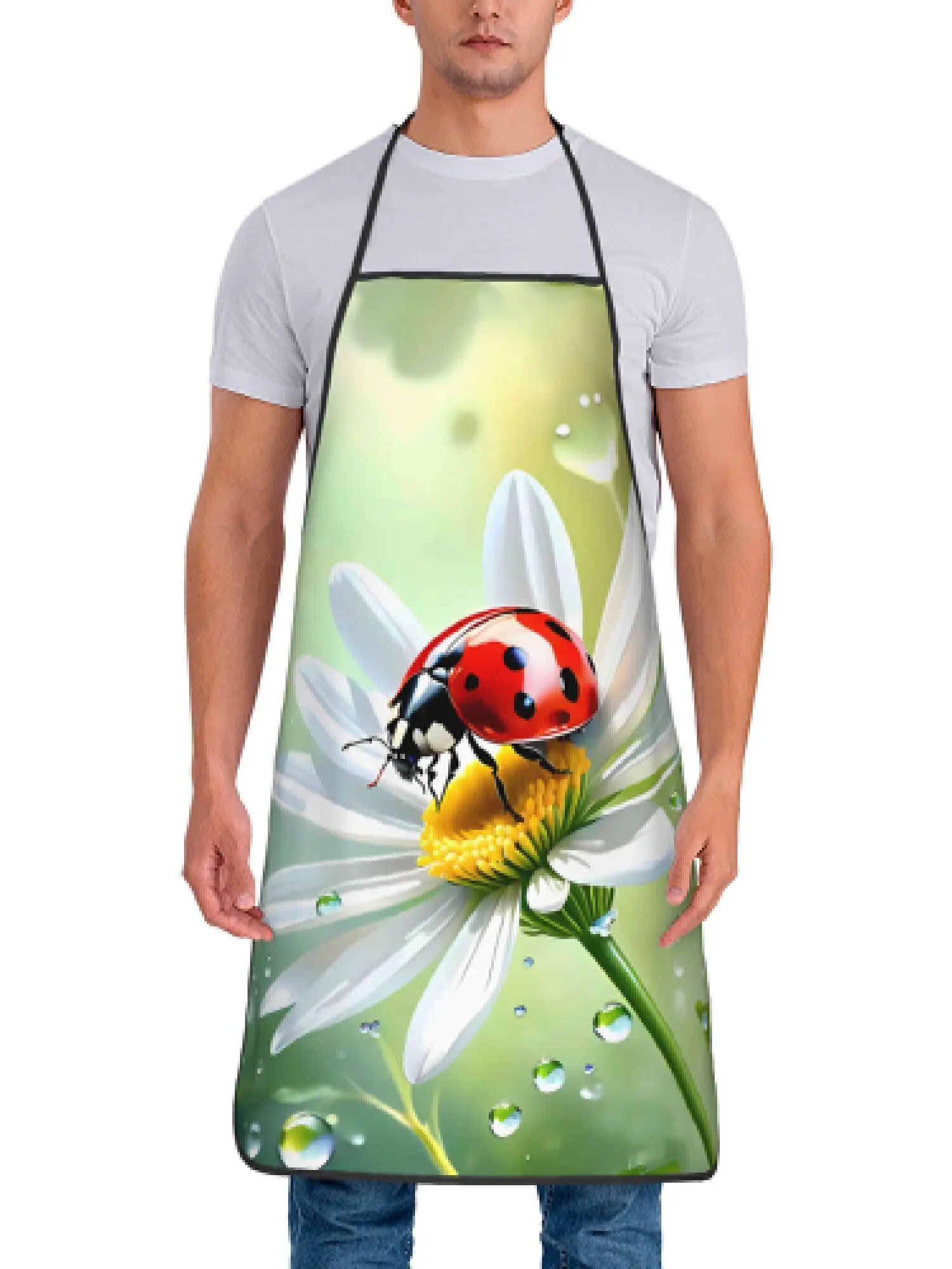 Seven-Star Ladybug on White Daisy Printed Apron for Men and Women Vibrant Insect Art Kitchen Cooking Apron
