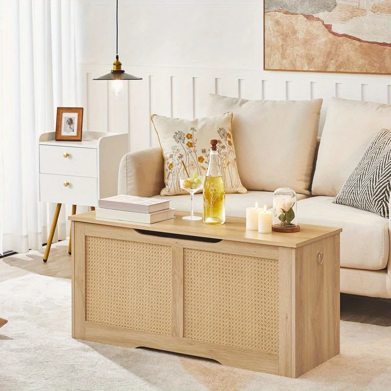 

39.3" Storage Chest, Rattan-Like Storage Trunk, Storage Bench, Sturdy Entryway Bench Supports 220 Lb, Shoe Bench