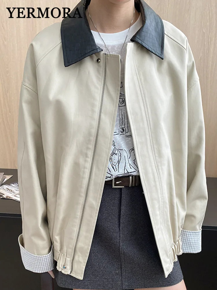 

YERMORA Beige PU Leather Zipper Casual Jacket For Women Lapel Long Sleeve Loose New Coat Fashion Tide Spring Autumn 2025