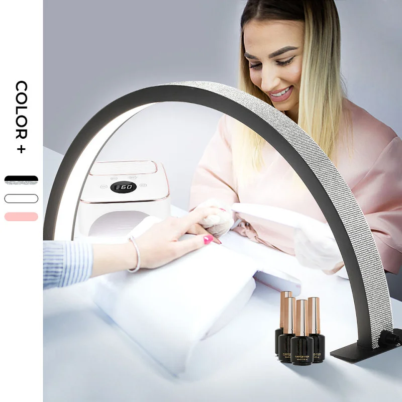 30W Nail Art Glitter Half Moon Ring Pink LED Desk Holder Beauty Light with Sparkling Rhinestones Diamond Nail Table