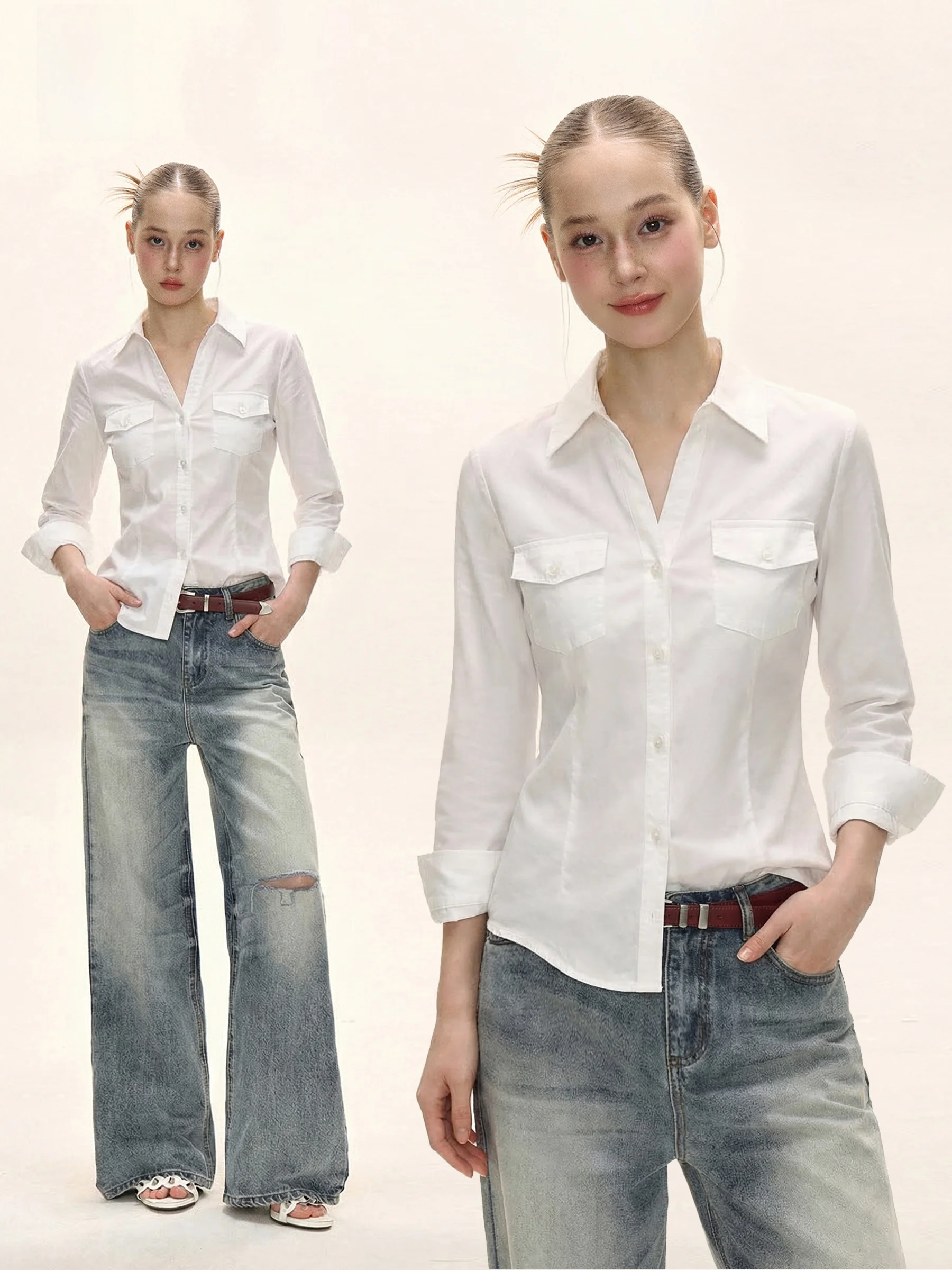 

Slimming American Style Long Sleeve Women's Shirt V-Neck Flip Collar White Casual Fashion Design Sensation Slim Fit Shirt