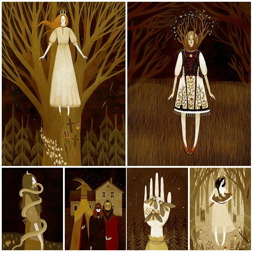 

Witches,Snakes And Moths Vintage Wall Art Canvas Painting Floating Nature Witch Poster And Print For Living Room Decoraiton