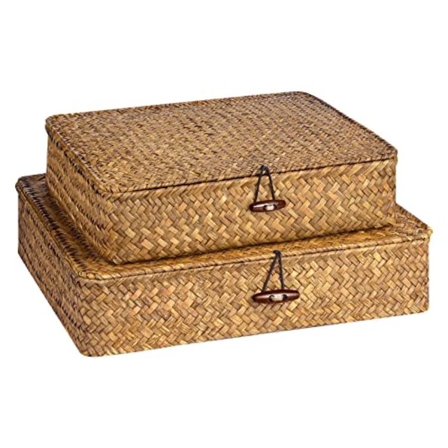 

Set of 2 Flat Seagrass Storage Bins with Lid Wicker Storage Baskets for Organizing Woven Shelf Organizer Bins Home Utility Orga