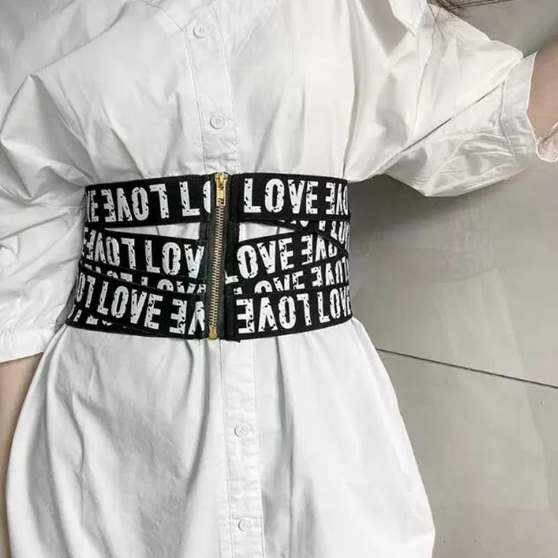 Letter Printed Zipper Black Shaping Belt Women's Elastic Wide Waist Belt Female Cummerbunds Ladies Waistband Waist Band Corset