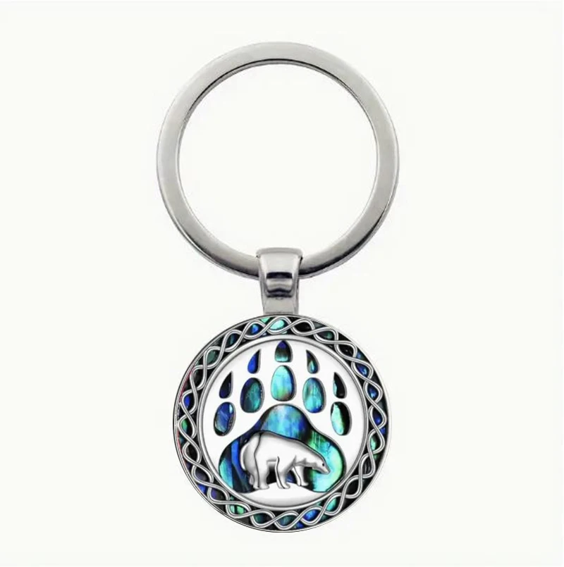 Cute bear paw printed glass pendant keychain with aurora background - durable zinc alloy, cute white decorative key accessory